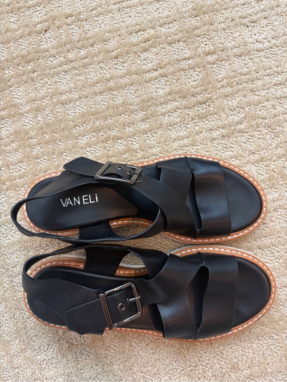 Vaneli Black Leather Buckle Strap Sandals